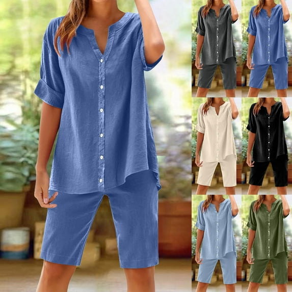 Dazajoo Two Piece Cotton Linen Sets for Women Summer Button Down Short Sleeve V Neck Shirts Matching Shorts Sets Solid Color Casual Loungewear,Khaki,S