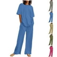 thumbnail image 1 of Dazajoo Two Piece Linen Sets for Women Summer Crewneck Short Sleeve Tops and High Waist Wide Leg Pants with Pockets Solid Color Loungewear Suits,Green,XL, 1 of 7