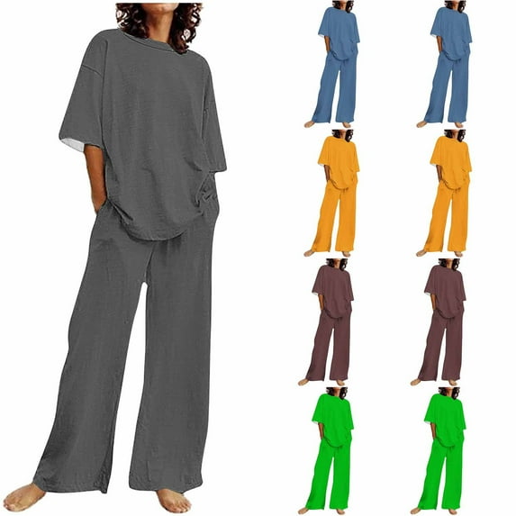 Dazajoo Two Piece Linen Sets for Women Summer Vacation Beach Short Sleeve Lolunge Suits Casual Round Neck Tops and Wide Leg Drawstring Pants with Pockets,Brown,XL