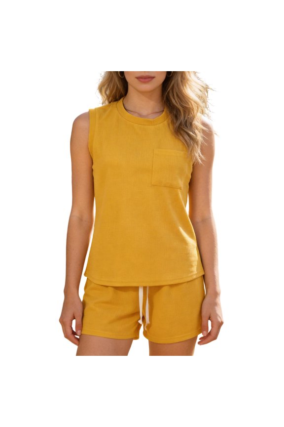 Two Piece Sets for Women Waffle Knit Sleeveless Tops Matching Drawstring Shorts Casual Solid Lounge Suits with Pockets,Yellow,M