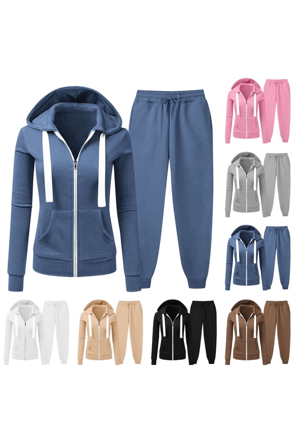 Two Piece Tracksuit for Women Zip Up Drawstring Hooded Jackets Matching Jogger Pants Set Workout Lounge Sweatsuits with Pockets Dark Blue,L