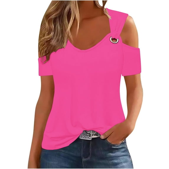 Dazajoo V Neck Cold Shoulder T Shirts for Women 2024 Summer Casual Loose Short Sleeve Tops Womens Relaxed Fashion Solid Color Tunic Blouses Fashion O Ring Strap Tees,Hot Pink,S