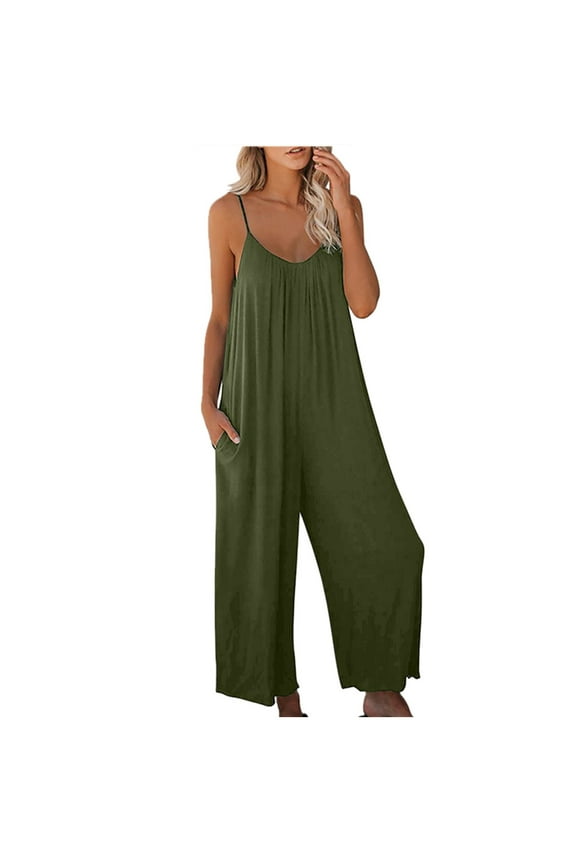V Neck Jumpsuits for Women Dressy Casual Spaghetti Straps Wide Leg Romper Casual Solid Maternity Overalls with Pockets,Army Green,S