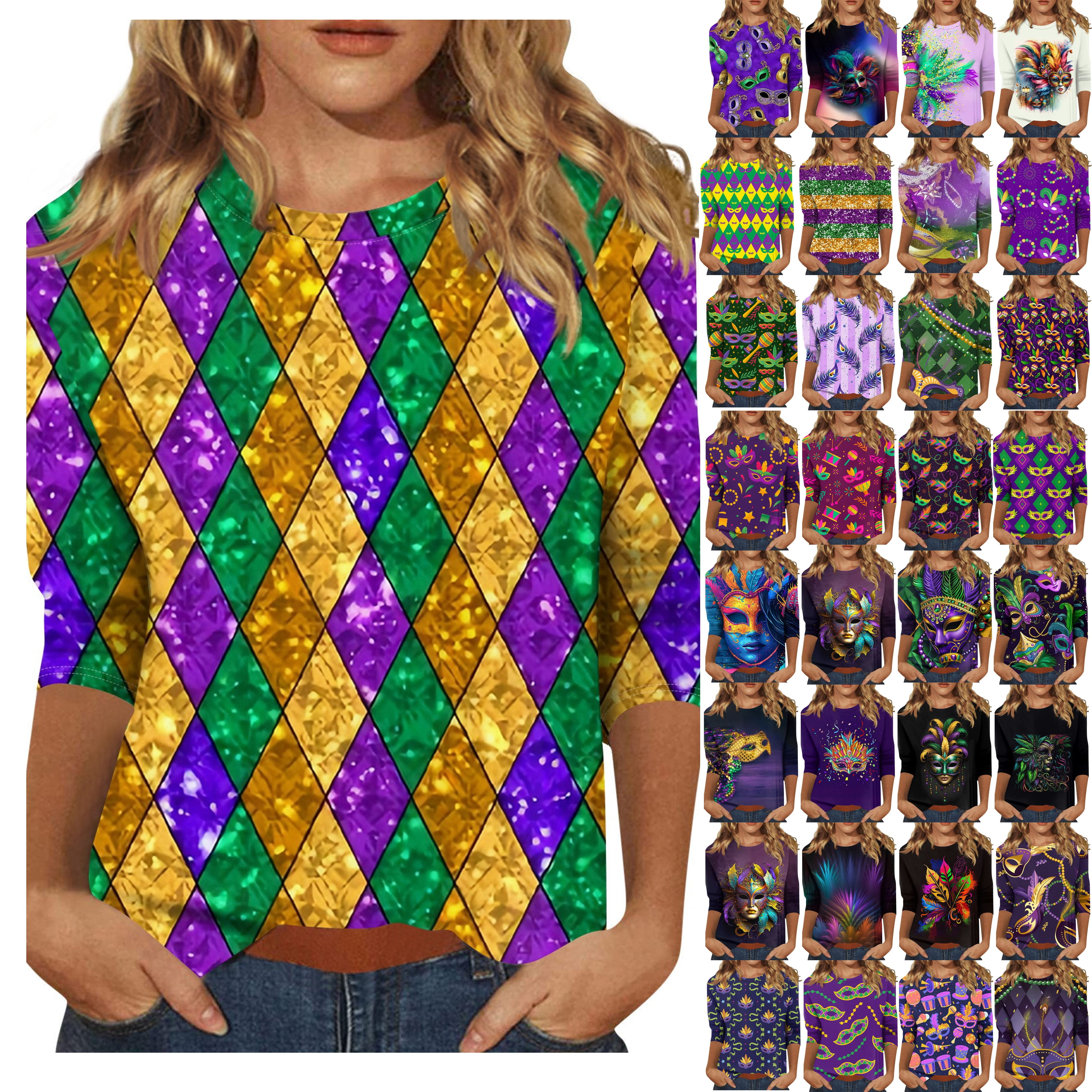 Dazajoo Vacation Deals 2024 Blouse Mardi Gras Tops for Women Daily