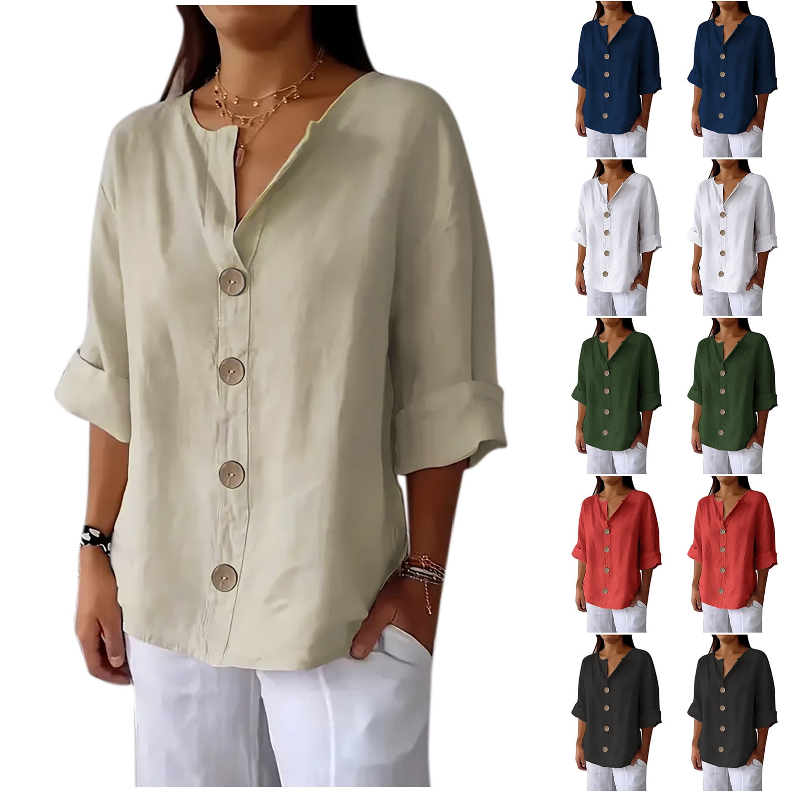 Dazajoo 3/4 Sleeve Linen Tops for Women Loose Fit Solid Color Elegant ...