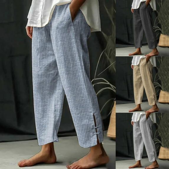 Dazajoo Cotton Linen Pants for Women Elastic High Waist Elastic Straight Leg Side Slit Striped Casual Loose Trousers,Black,S