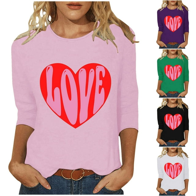 Dazajoo Vacation Deals Valentine Tops for Women 3/4 Sleeve Crewneck