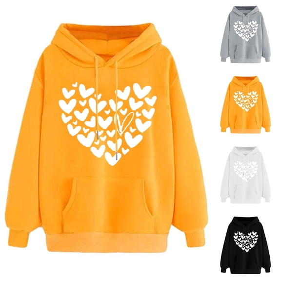 Dazajoo Valentine's Day Hoodies for Women Cute Heart Print Hooded Sweatshirt Oversized Drop Shoulder Hoodie Teen Girls Loose Casual Sweatshirts with Kangaroo Pocket,Gray,S