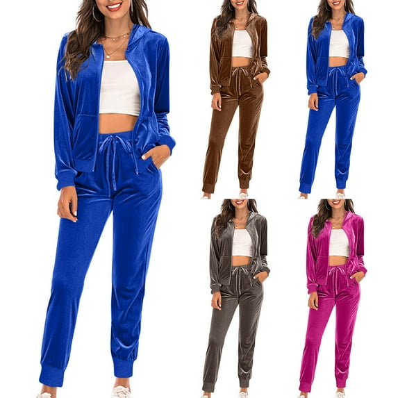 Dazajoo Velour Sweatsuits for Women 2 Piece Zip Up Hooded Jacket and Drawstring Jogger Pants Lightweight Outdoor Tracksuit with Pockets Blue,M