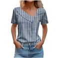 thumbnail image 1 of Dazajoo Vertical Striped Short Sleeve Shirt Women Slant Lapel Collar Button Tee Shirts 2024 Summer Dressy Casual Loose Fit V Neck Tops for Women,Blue,XL, 1 of 5