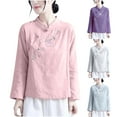thumbnail image 1 of Dazajoo Vintage Floral Embroidery Cotton Linen Tops for Women Chinese Frog Button Long Sleeve Loose Casual Blouses Shirts,White,XXXL, 1 of 4