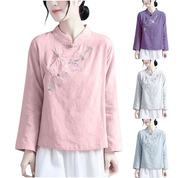 Dazajoo Vintage Floral Embroidery Cotton Linen Tops for Women Chinese Frog Button Long Sleeve Loose Casual Blouses Shirts,White,XL