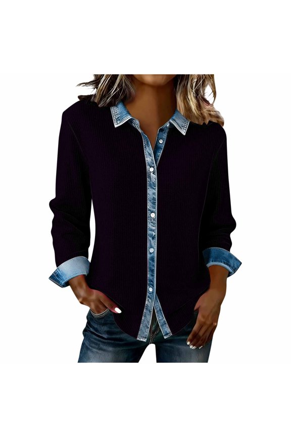 Waffle Button Down Shacket Women Casual Waffle Knit Long Sleeve Shirts with Denim Patchwork,Black,S