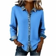 thumbnail image 1 of Dazajoo Waffle Button Down Shacket Women Casual Waffle Knit Long Sleeve Shirts with Denim Patchwork,Blue,S, 1 of 5