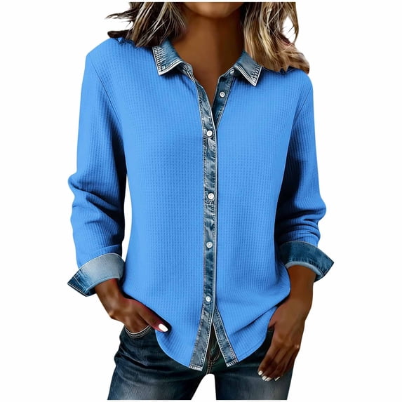 Dazajoo Waffle Button Down Shacket Women Casual Waffle Knit Long Sleeve Shirts with Denim Patchwork,Blue,S