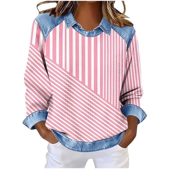 Dazajoo Waffle Knit Tunic Tops for Women Long Sleeve Oversized Colorblock Sweatshirts with Denim Patchwork Dressy Y2K Streetwear,Pink,M