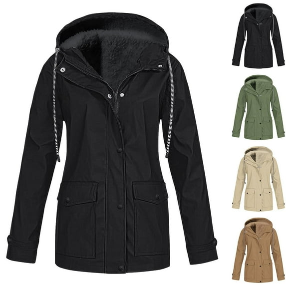 Dazajoo Warm Hooded Fleece Lined Waterproof Rain Jacket Women Classic Solid Color Windbreaker 2024 Winter Fall Lightweight Outdoor Active Trench Coat with Pockets Daily Deals,Khaki,L