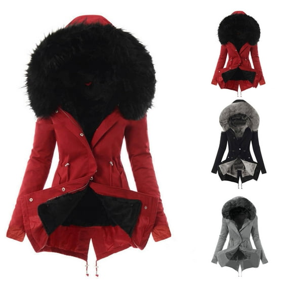Dazajoo Warm Winter Coats for Women Thick Padded Faux Fur Collar Hooded Jacket Fleece Fuzzy Lined Puffer Jackets with Pockets,Black,M