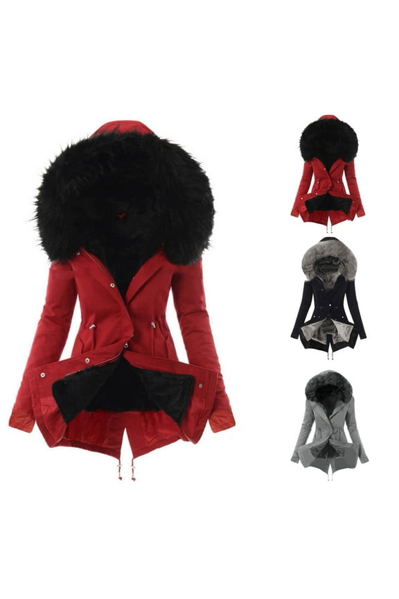 Warm Winter Coats for Women Thick Padded Faux Fur Collar Hooded Jacket Fleece Fuzzy Lined Puffer Jackets with Pockets,Black,XXXL