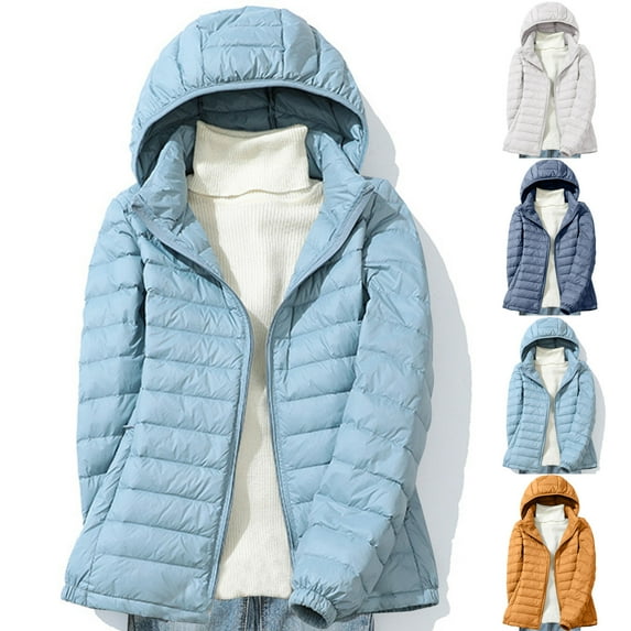 Dazajoo Warm Down Winter Jackets for Women Plus Size Lightweight Packable Hooded Jacket Trendy Outdoor Windbreaker Puffer Coats with Pockets,Light Blue,XXXL