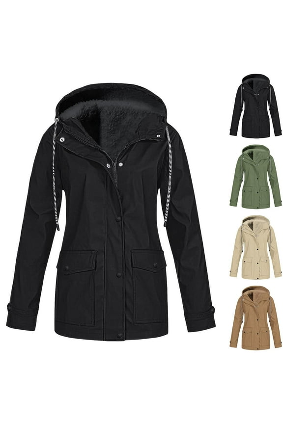 Waterproof Jacket for Women Fleece Lined Long Sleeve Hooded Rain Coat with Drawstring,Black,XXXXXL