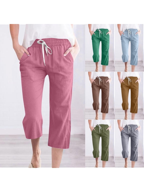 Capri Pants for Women Casual 2025 Summer Drawstring Elastic High Waist Linen Pant Straight Wide Leg Cropped Trouser with Pockets,Brown,S