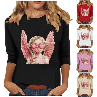 Yoodem Valentines Day Shirts Women Valentines Shirt Women's 2025 Cute Heart Shaped Printed Pullover Crewneck Long Sleeved Spring Autumn Valentine Gold L