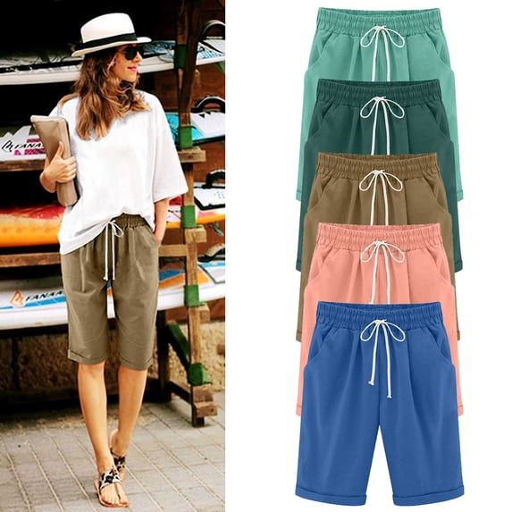 Dazajoo Weekly Sale Plus Size Bermuda Shorts for Women Knee Length Linen Cotton Elastic Waist Drawstring Shorts with Pockets Casual Lightweight Vacation Beach Shorts,Coffee,XL