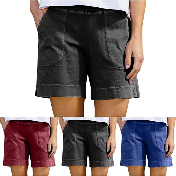 Dazajoo Wide Leg Linen Shorts Women Summer Elastic High Waisted Shorts with Pockets Loose Cotton Comfy Solid Color Lightweight Beach Shorts for Women,Red,XXXL