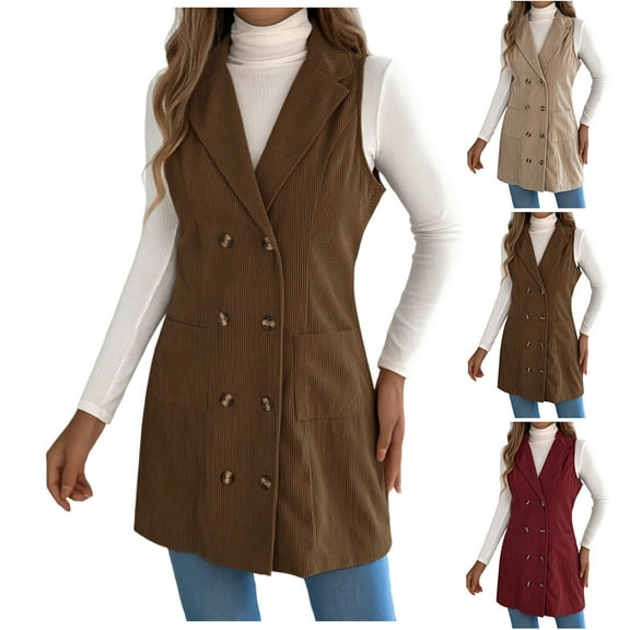 Dazajoo Wine Corduroy Suit Vests for Women Dressy Casual Sleeveless Button Down Blazers Loose Mid Length Outerwear with Pockets,L