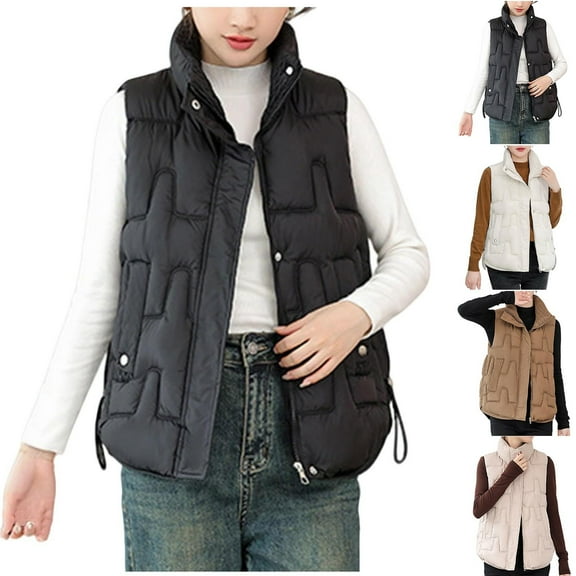 Dazajoo Winter Quilted Puffer Vest for Women Lightweight Zip Up Down Jacket with Pockets Stand Collar Sleeveless Warm Coat,White,L