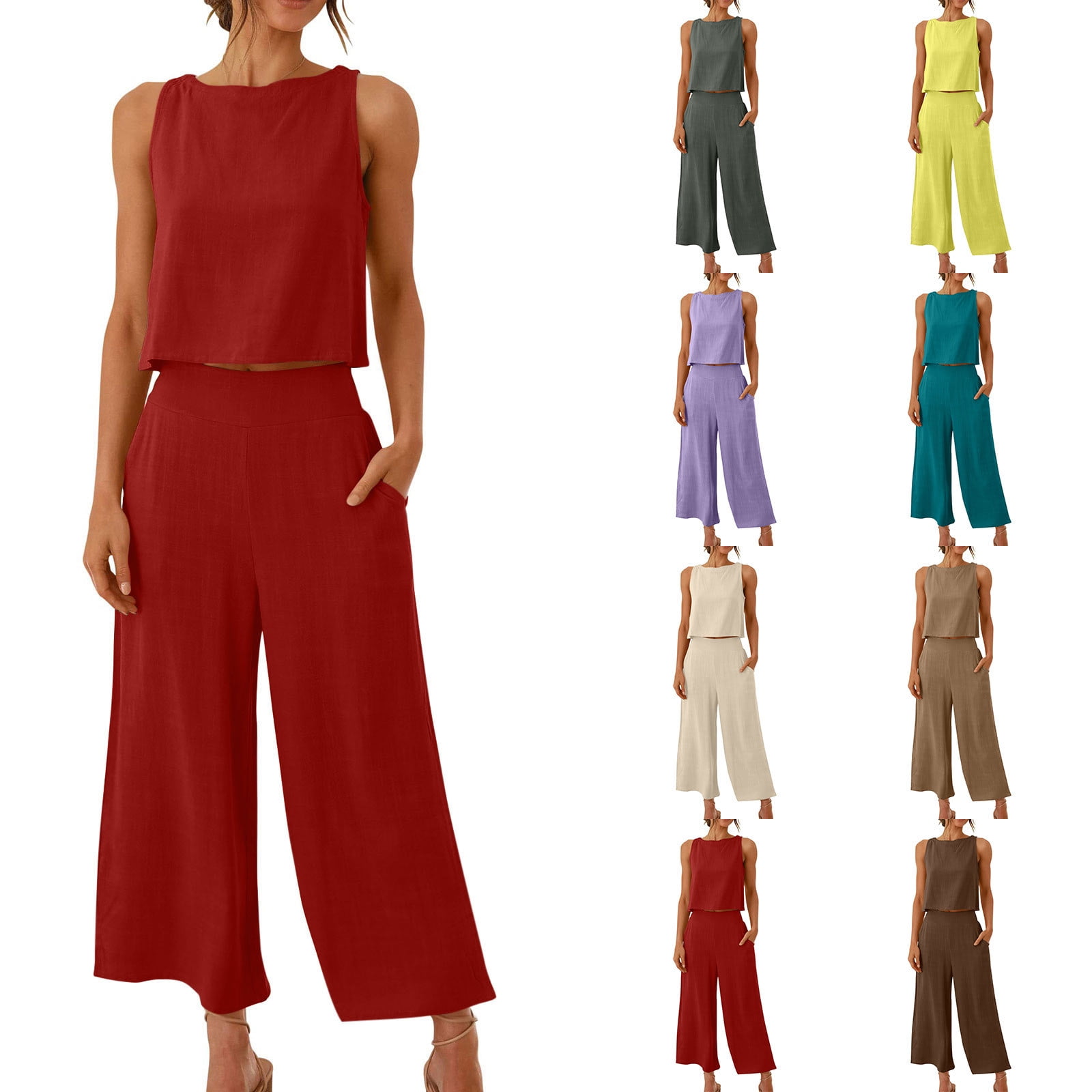 Plus Size Cotton Linen 2-Piece Set with Pockets