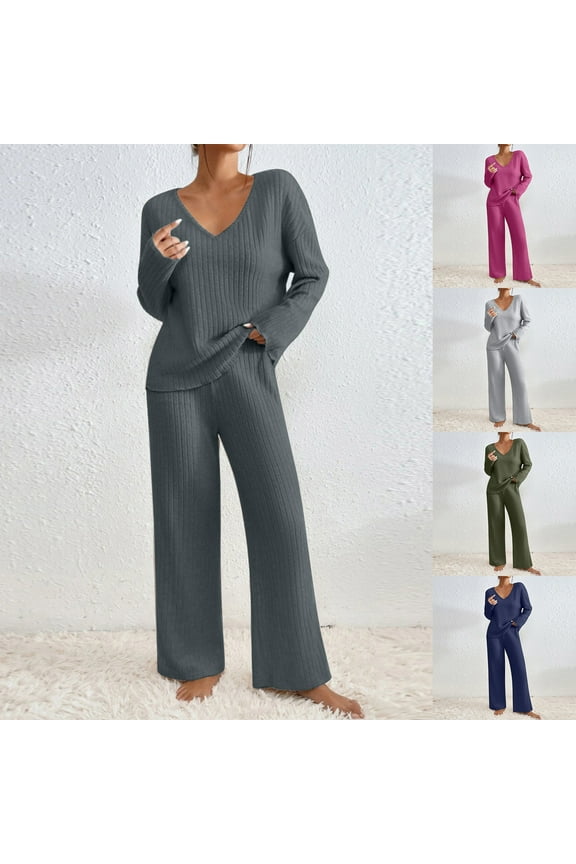 Women 2 Piece Knit Set Long Sleeve V Neck Pullover Sweater Top with Wide Leg Long Pants Sweatsuit 2024 Winter Comfy Solid Color Lounge Outfits for Women Sale,Army Green,S