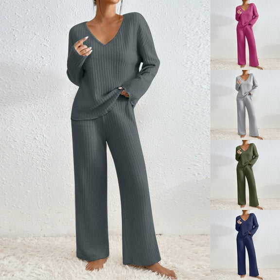 Dazajoo Women 2 Piece Knit Set Long Sleeve V Neck Pullover Sweater Top with Wide Leg Long Pants Sweatsuit 2025 Winter Comfy Solid Color Lounge Outfits,Dark Gray,XL