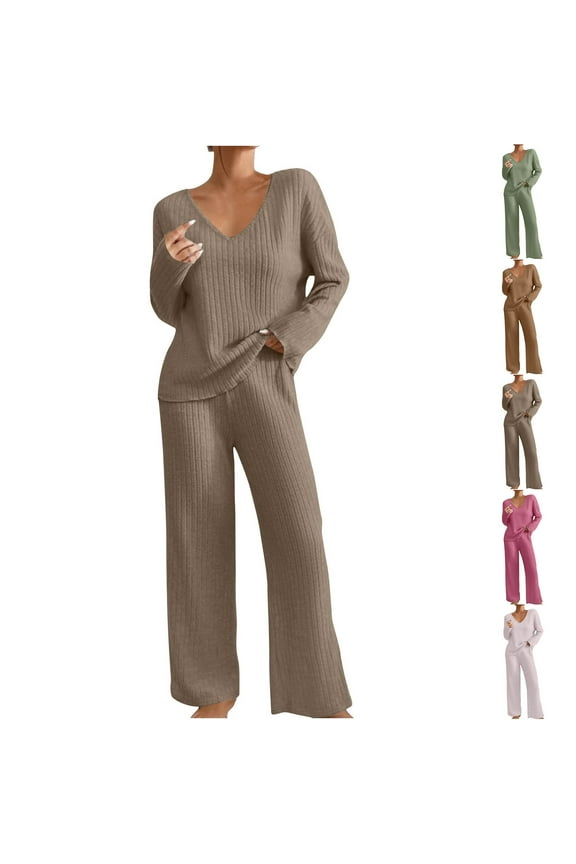 Women 2 Piece Pajamas Sets V Neck Long Sleeve Ribbed Knit Sweater Matching Elastic Waist Leg Long Pants Loose Comfy Yoga Loungewear Suit,Brown,XXL
