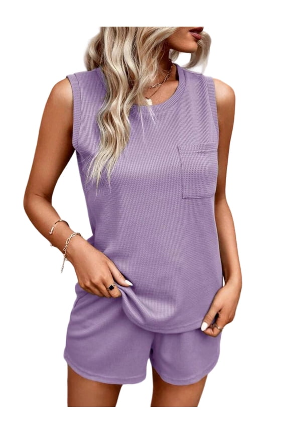 Women 2 Piece Sets Summer Waffle Knit Tank Top Matching Drawstring Shorts with Pockets Casual Solid Pajama Set,Purple,L