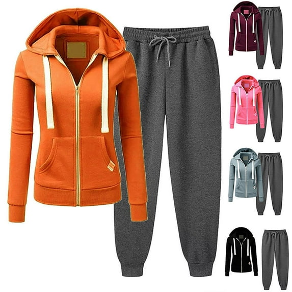 Dazajoo Women 2 Piece Sweatsuit Outfits Sets Zipper Up Hooded Sweatshirt and Jogger Pants with Pockets Workout Sets Lightweight Color Block Lounge Suits,Orange,S
