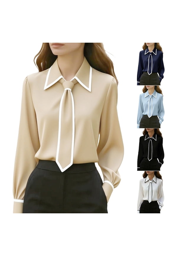 Women Bow Tie Neck Blouse Long Sleeve Business Casual Shirts Dressy Elegant Office Work Tops,Navy,M