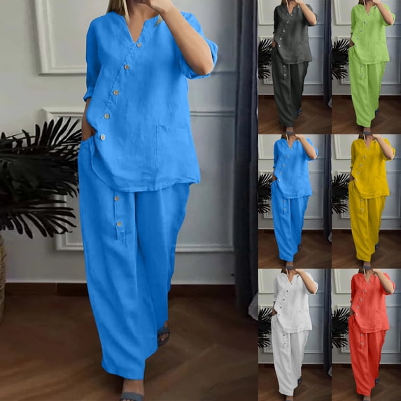 Dazajoo Women Casual Solid Color Cotton and Linen Pants Two-Piece Set Summer Lightweight Loose Lounge Suits 90% off Clearance Sale,Green,M
