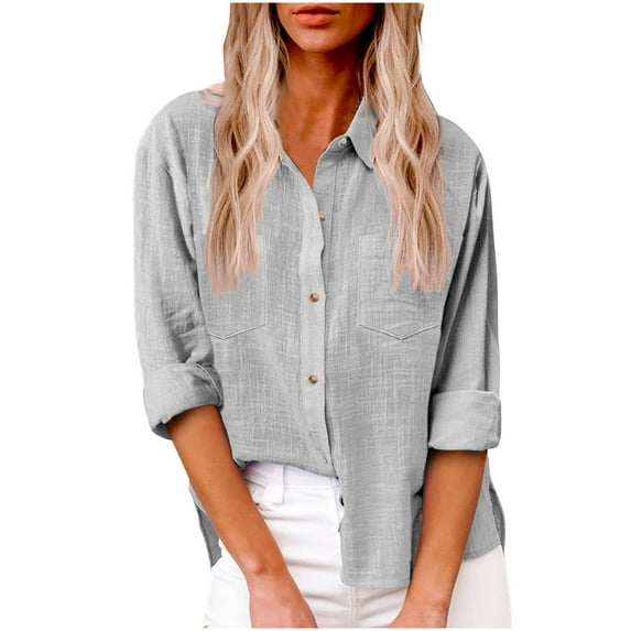 Dazajoo Women Casual Tops Clearance Sale Summer Cotton Linen Solid Color Shirts 2024 Dressy Trendy Button Down Lapel Neck Tunics Tee for Women Baggy Long Sleeve Tops with Pocket,Gray,XL