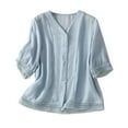 thumbnail image 1 of Dazajoo Women Cotton Linen Button Down Shirts Summer Half Sleeve V Neck Lace Trim Blouse Trendy Casual Solid Color Loose Fit Shirt Tops for Women 2024,Blue,M, 1 of 6