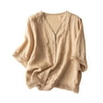 thumbnail image 1 of Dazajoo Women Cotton Linen Button Down Shirts Summer Half Sleeve V Neck Lace Trim Blouses Summer Dressy Trendy Embroidery Retro Tshirt Casual Loose Fit Solid Color Shirt Tops for Women 2024,Khaki,L, 1 of 5