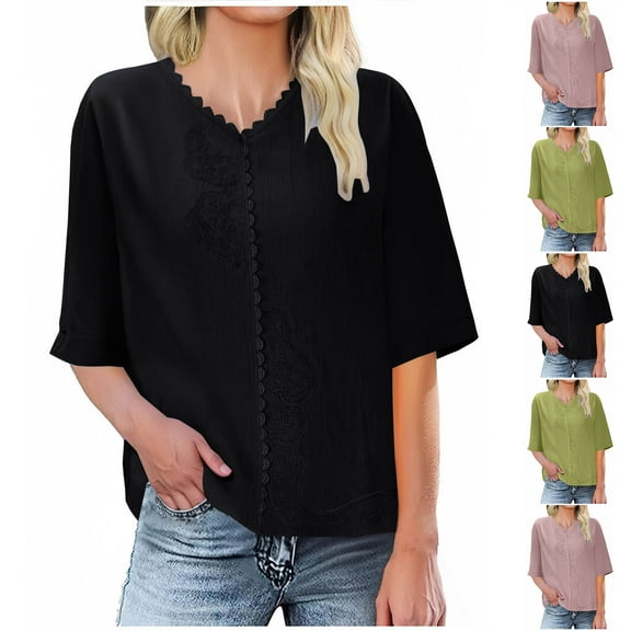 Dazajoo Women Cotton Linen Embroidery Tops V Neck Lace Trim Short Sleeve Shirts 2025 Summer Solid Blouse Tunic Tees,Green,XXXL
