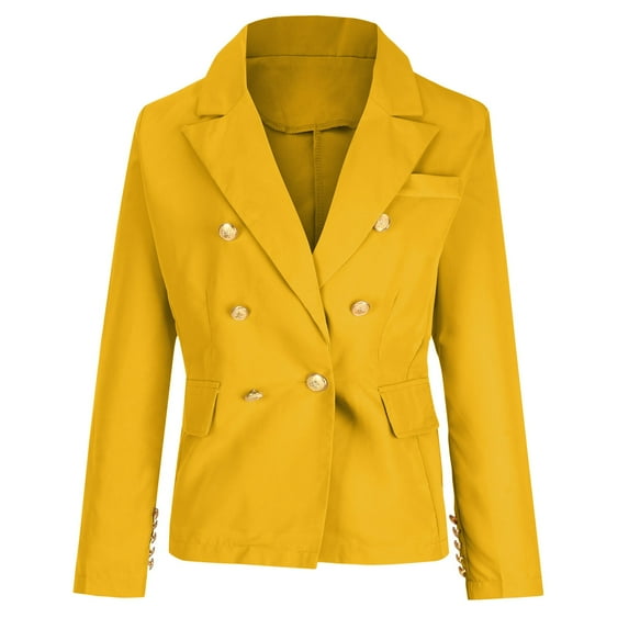 Dazajoo Women Double Breasted Cropped Blazer Jackets Lapel Open Front Long Sleeve Business Suit Jackets with Pockets for Women 2024 Casual Solid Color Blazers,Yellow,XXXL