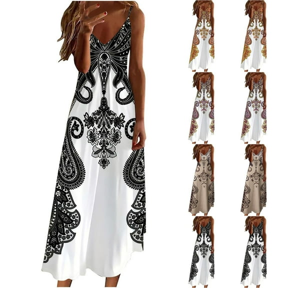 Dazajoo Women Ethnic Floral Spaghetti Strap Sundress Casual Summer Bohemian Print V Neck Long Beach Maxi Dress,Hot Pink,M