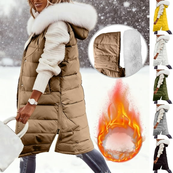 Dazajoo Women Fleece Lined Long Parka with Faux-Fur Hood Winter Sleeveless Long Puffer Jackets Outdoor Warm Quilted Vest,Black,XXL