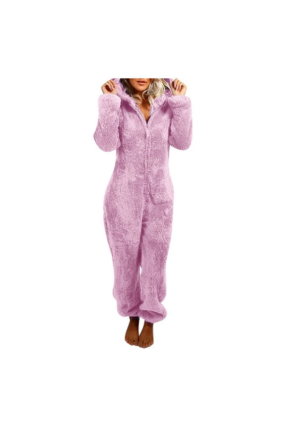 Women Fluffy Fleece Hooded Jumpsuits 2024 Winter Warm Thermal Romper Fleece Onesie Pajama One-Piece Zipper Hooded Jumpsuit Sleepwear Playsuit for Women Prime Today,Purple,XXXL