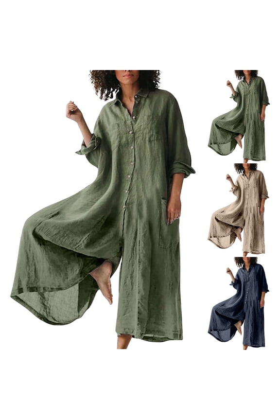 Women Linen Button Down Long Sleeve Wide Leg Jumpsuit Beach Palazzo Pants Lightweight Solid Color One Piece Jumpsuit Vacation Sale Green L
