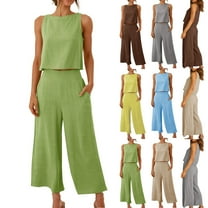 Dazajoo Women Linen Sets 2 Piece Outfits Plus Size Sleeveless Crew Neck Tops and Wide Leg Capri Pants with Pockets 2025 Summer Beach Vacation Lounge Suits,Beige,XXXL