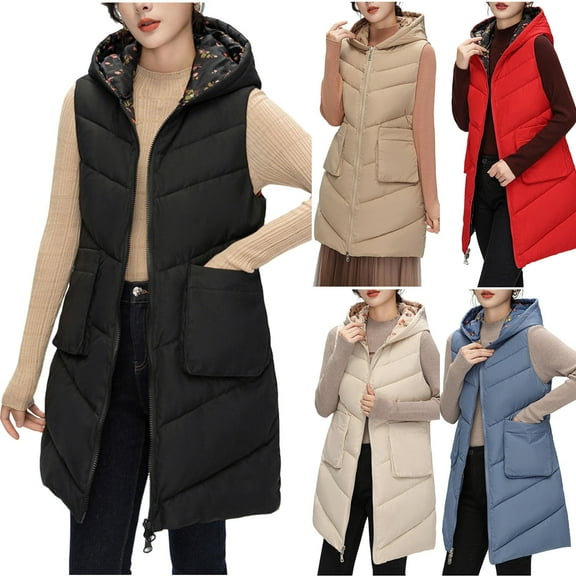 Dazajoo Women Long Puffer Vest Sleeveless Hooded Coat Winter Warm Quilted Jacket Thick Down Zip Up Outerwear with Pockets,Khaki,M